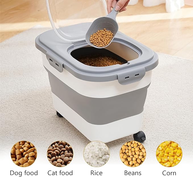SEWIU Dog Food Storage Container Up to 2pack*20LB,Collapsible Dog Food Container with Travel Silicone Bowl and Scoop for Dog/Cat/Bird Food/Cat litter,Keep Dry Food Fresh,Easy to Move.