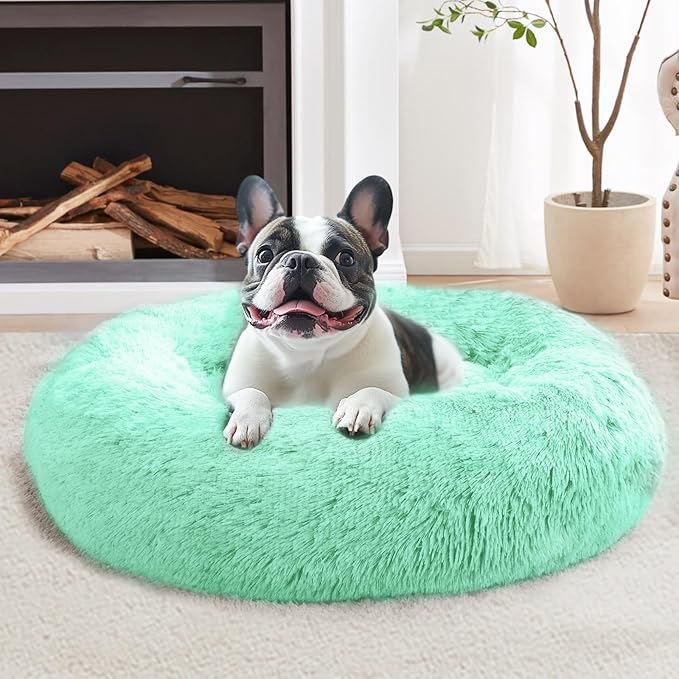 JOLLYVOGUE Calming Dog Beds Large Sized Dog, 36in Donut Washable Large Pet Bed, Anti-Slip & Anti-Anxiety Fluffy Faux Fur Round Dogs Bed, Fits up to 80 lbs Pets (Mint Green)