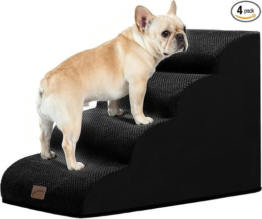 GoGoBunny Waterproof High Density Foam Curved Dog Stairs for High Beds Couches 19.7" H, 4-Step Ramp Dog Steps Friendly to Small Medium Dogs or Pets Joints, Non-Slip Balanced Durable Pet Step, Black