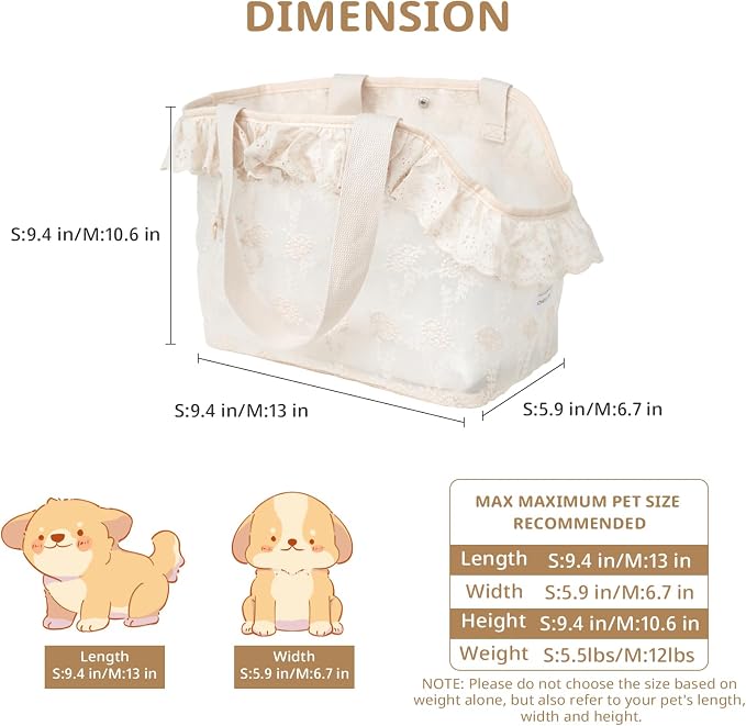 ONECUTE Dog Carrier for Small Dogs Rabbit cat with Lace Design, Cotton Bag, Dog Carrier Soft Sided, Collapsible Travel Puppy Carrier (Beige, 9.4" L x 5.9" W x 9.4" H)