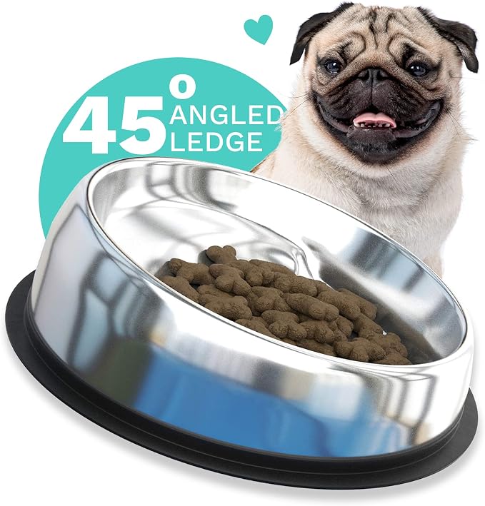 Enhanced Pet Bowl – Slanted Stainless Steel Dog Bowl for Breeds Like Bulldogs, Pugs – Raised Back, No-Spill, Reduces Gas & Mess – Medium Size, Non-Slip, Food-Grade - Does Not Ship from China