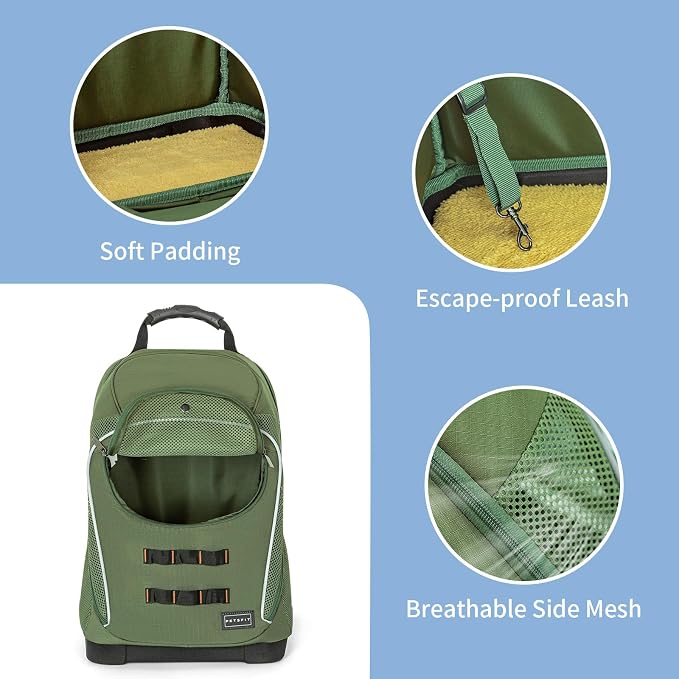 Petsfit Pet Dog Carrier Backpack with Upgraded Weight Reduction Design, Cat Dog Backpack with Large Ventilations, Easy-Fit for Traveling Hiking Camping for Small Medium Dogs and Cat, Green