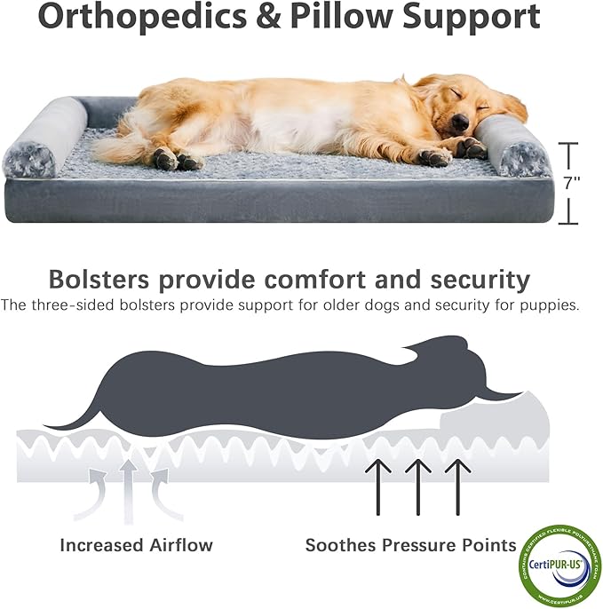 BFPETHOME Orthopedic Washable XLarge Dog Bed for Senior Dog Cozy Sleep | Extra Large Waterproof Big Soft Pet Couch Bed for Dogs Relax with Removable Cover Supportive Egg Crate Foam Grey 42x30 Inch