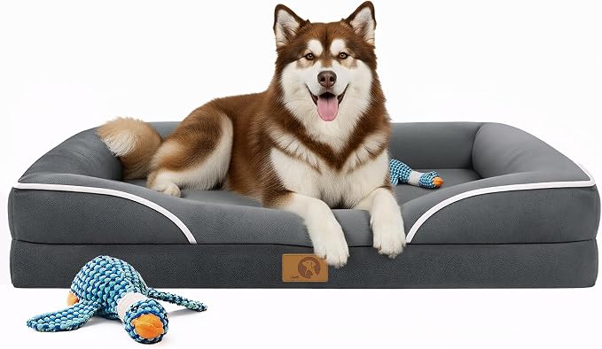 Homemate Dog Bed Extra Large Size Dog: 48"x35" Orthopedic Pet Bed with Toy | Large Dogs Bed with Non-Slip Botton & Removable Washable Cover Cat Bed Sofa XXL Outdoor Crate Pad Couch Dark Grey