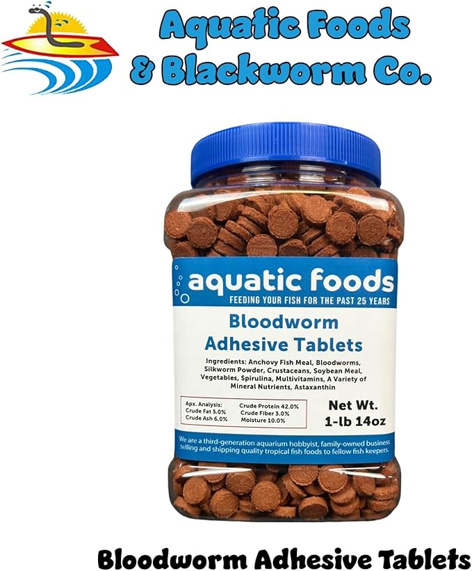Aquatic Foods Inc. Bloodworm Glass Sticking 42% Protein Tablets for Angels, Tetras, Guppies, Cichlids, All Community Tropical Fish...1-lb 14oz Jar