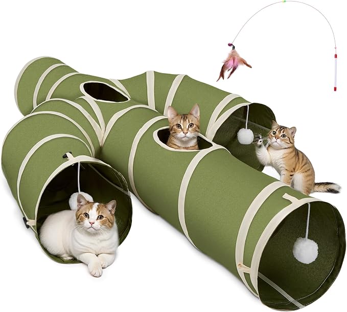 Ownpets Cactus Cat Tunnel 12" with Peek Holes for Indoor Large Cat, Green | Durable Oxford fabric, noise-free, foldable & connectable, multi-cat friendly, tube for cats up to 20lb, includes ball & wand
