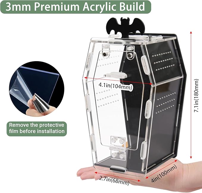 Coffin Shape Jumping Spider Enclosure, Acrylic Magnetic Terrarium with Feeding Hole, Front Opening Gothic Habitat for Tarantula Mantis Beetle