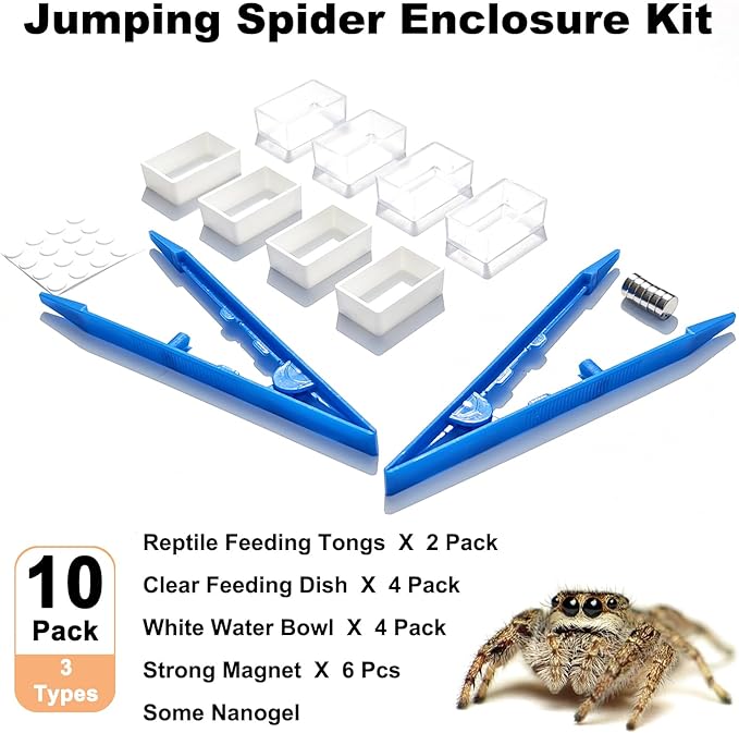 10 Pcs Jumping Spider Enclosure Kit, Magnetic Jumping Spider Feeding Dish, Mini Tarantula Water Dish, Tiny Reptile Feeding Tongs, Jumping Spider Accessories for Spoods and Other Small Pets