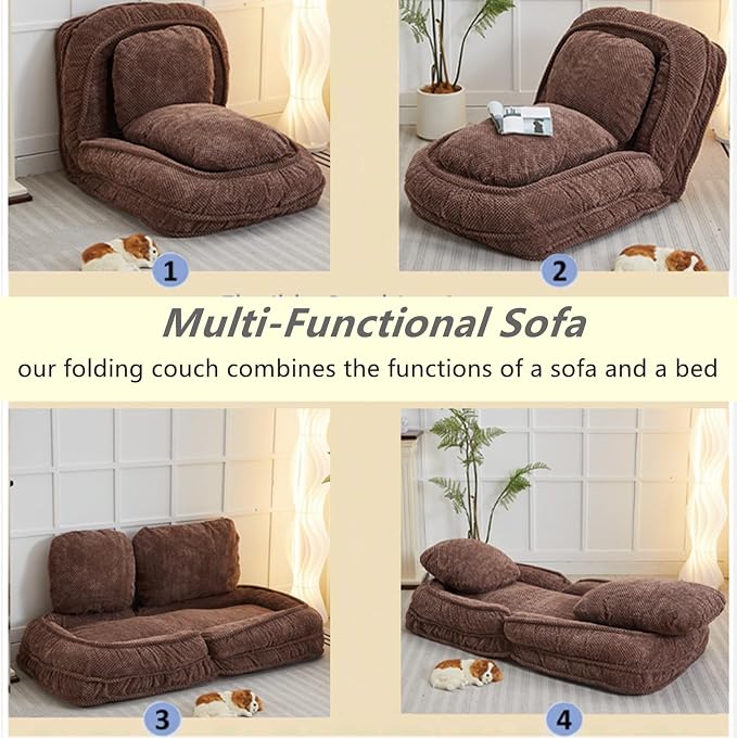 Foldable Lazy Sofa Bed with 5 Levels Adjustable Backrest, Brown | Comfy Upholstered Human Dog Bed for Adults and Pets, Lazy Floor Lounger with 2 Soft Cushions for Living Room Bedroom