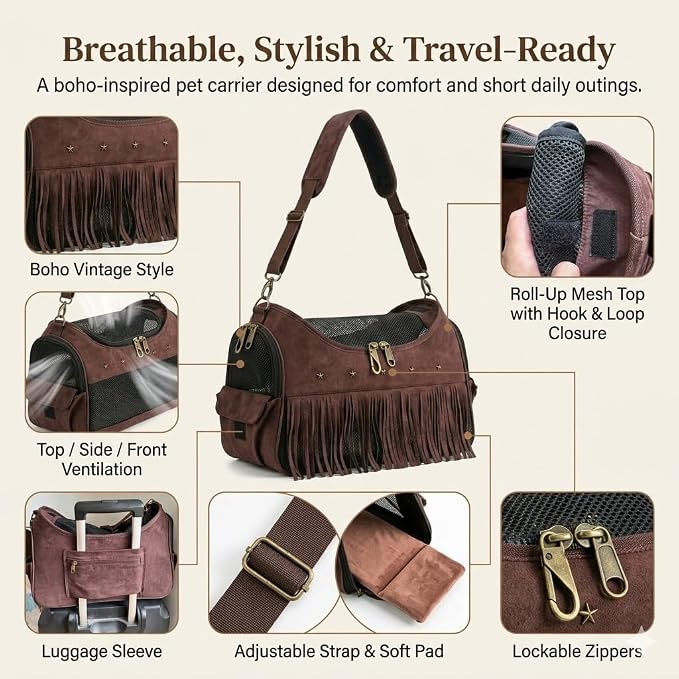Designer Dog Carrier, Small Dog & Cat Carrier Bag with Secure Zipper Lock, Inner Safety Leash, 4-Side Breathable Ventilation, Stylish Pet Handbag for Street Photos, Pet Parties
