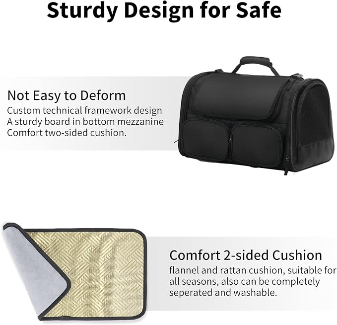 FUKUMARU Cat Carrier, Airline Approved Dog Carrier with Rollable Cover | Breathable Soft Cat Carrier, Multiple Doors & Storage Pockets Cat Travel Bag, Durable Pet Carrier for Cat Under 15 lb, Black