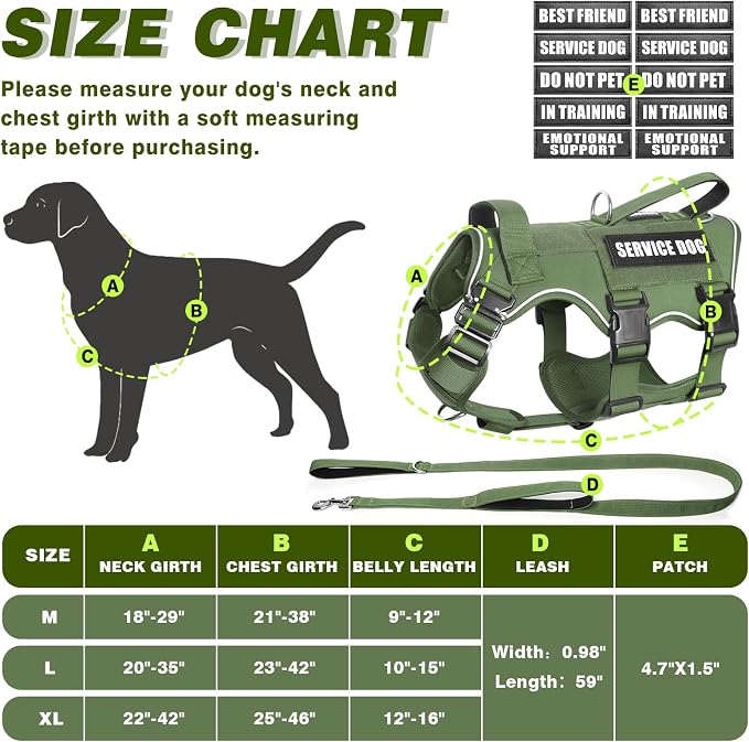 Service Dog in Training Vest and Leash Set with 10 Patches,Heavy Duty Tactical Dog Harness with Metal Buckles for Medium Sized Dogs,No Pull Easy Walking for Training Working Hiking,Green M