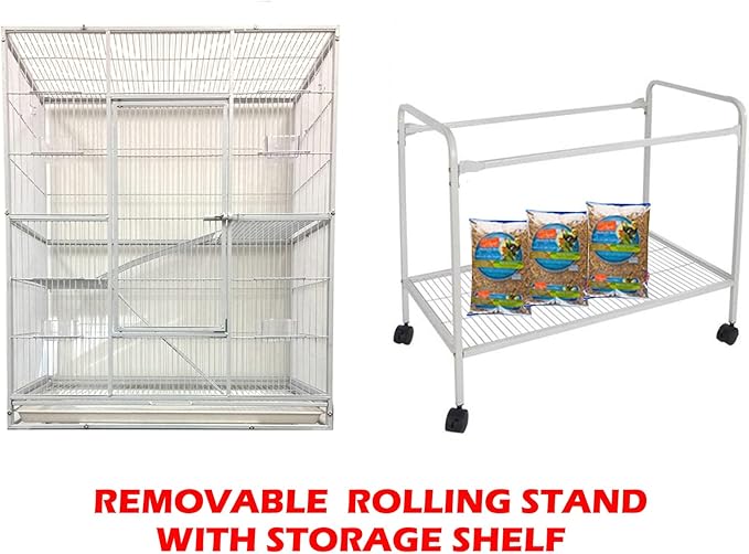 54" Large Wrought Iron Chewproof 4-Levels Tight 1/2-inch Bar Spacing Ferret Chinchilla Sugar Glider Rats Mice Home Cage with Detachable Rolling Stand