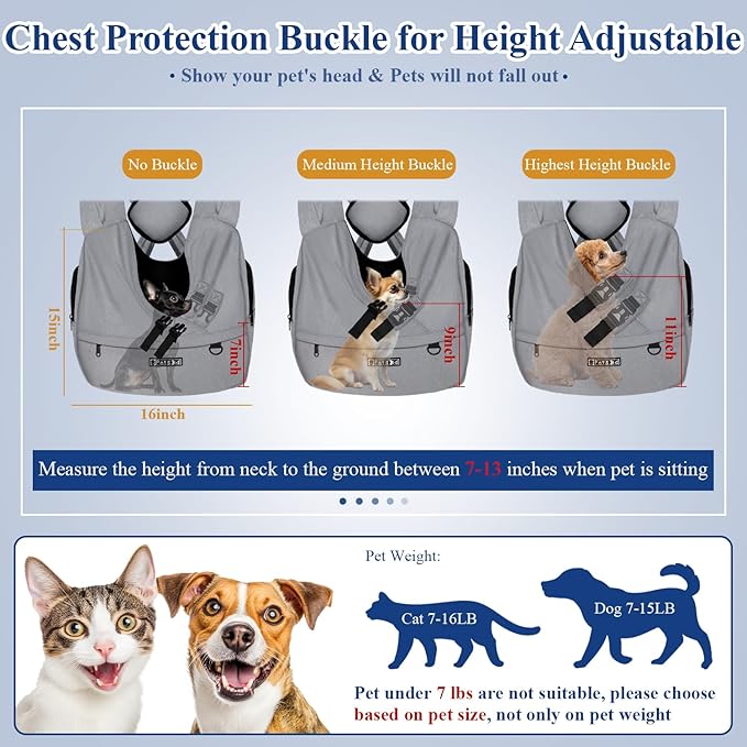 Dog Carrier Sling for Small Pet 7-15 LBS, Grey | Hands Free Front Facing, Cat Sling Chest Carrier, Bottom Mat and Adjustable Strap, for Anti-Anxiety, Walk, Vet