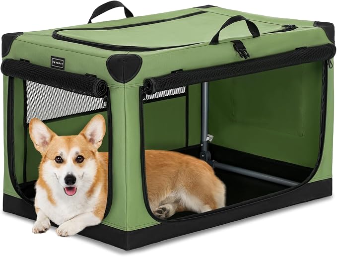 PETSFIT 30" Soft Portable Dog Crate – Patented Spiral Sturdy Frame, Collapsible Travel Kennel for Medium Dogs, 3 Mesh Door, Lockable Zippers, Indoor & Car Use Green