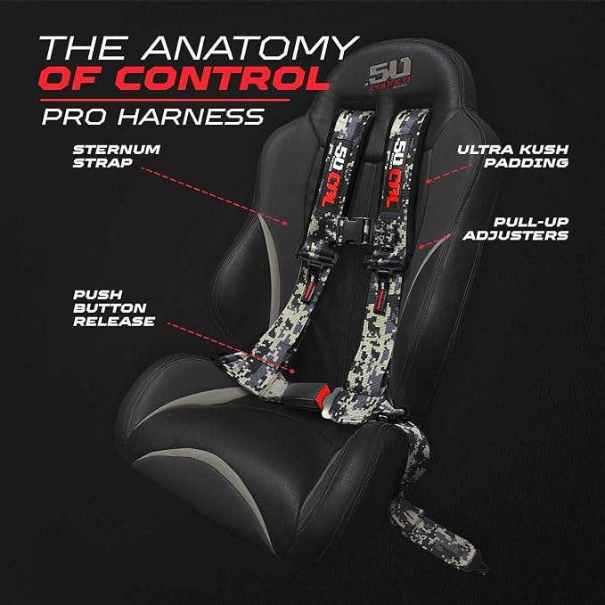 1pc 50 Cal Camo 4 Point Harness 3in Straps, Racing Harness Seat Belt | Ultra Kush padding, Push Button quick release hardware. Universal Fit for UTV, RZR, race car.