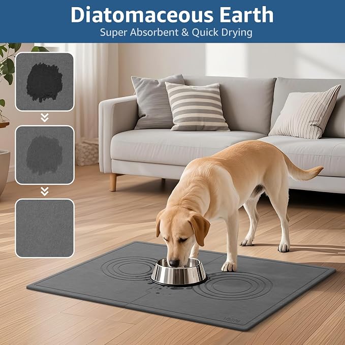 Yolife Extra Large Dog Water Bowl Mat, Fast Water Absorbing Stone Pet Feeding Mat for Messy Drinkers, Stone Drying Mat for Dogs Food and Water Bowls, Dog Cat Food Mats for Floors(31.5” x 19.7”, Grey)