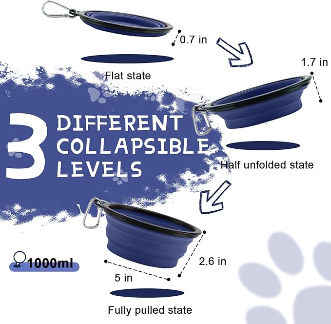 Collapsible Dog Bowls for Travel, 2-Pack Dog Portable Water Bowl for Dogs Cats Pet Foldable Feeding Watering Dish for Traveling Camping with Carabiners, BPA Free (Grey&Navy, Large)
