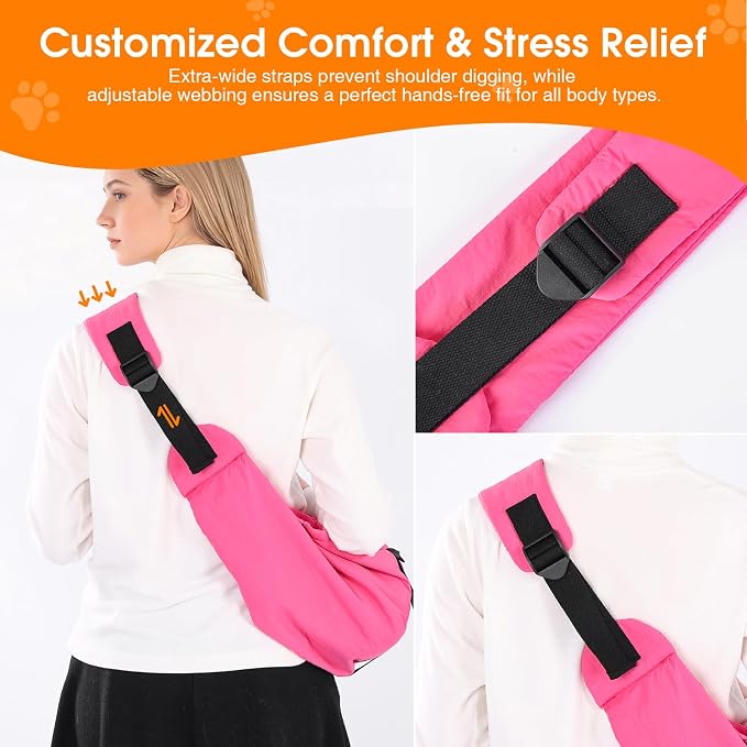 Dog Sling Carrier for Small Dogs & Cats 5-20 lbs, Adjustable Depth | Breathable Air Mesh Puppy Sling, Water-Resistant Travel Bag, Double Safety Leash, Machine Washable, Hands-Free Pouch, Fuchsia