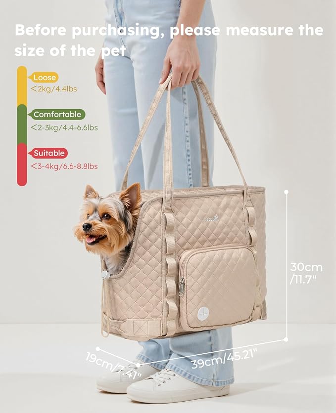 Pecute Dog Purse Carrier, Dog Carrier with Pockets for Small Dogs, Fits Dogs 5 lbs to 9 lbs, Cat and Puppies Tote Bag, Outing, Travel, Vet, Khaki | Breathable,Foldable,Large Pocket,Built-in safety Rope,Machine washable,Under 9 Lbs