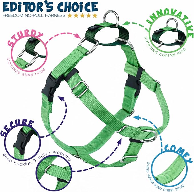 2 Hounds Design Freedom No Pull Dog Harness and Leash, 5/8" SM, Neon Green | Promotes Easy Walking & Comfortable Control, Secure Fit, Adjustable Harness and Leash Set for Small Sized Dogs, Made in USA