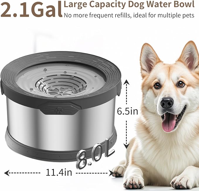 8L Dog Water Bowl No Spill 2.1 Gallon Stainless Steel Water Bowl for Dogs 270oz Large Capacity No Splash Slow Drinking Feeder with Anti-Slip Mat for Messy Drinkers