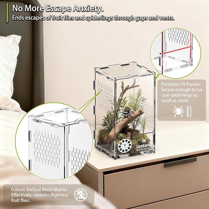 Jumping Spider Enclosure, Front-Opening Acrylic Spider Terrarium with Magnetic Door,Laser-Cut Biomimetic Ventilation System, Escape-Proof for Feeder Insects (4.3"x4.3"x7.8")