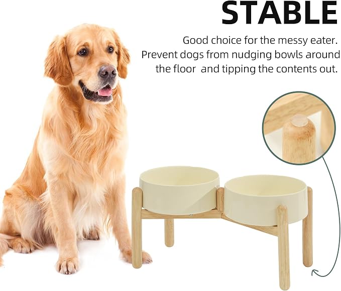 Havniva Elevated Dog Bowls Ceramic Dog Bowls with Stand, Dog Food Bowl | 8.3” Raised Dog Bowls with Non-Slip Wood Stand, Dog Food and Water Bowl Set, Double Dog Feeding Bowls for Large Dogs