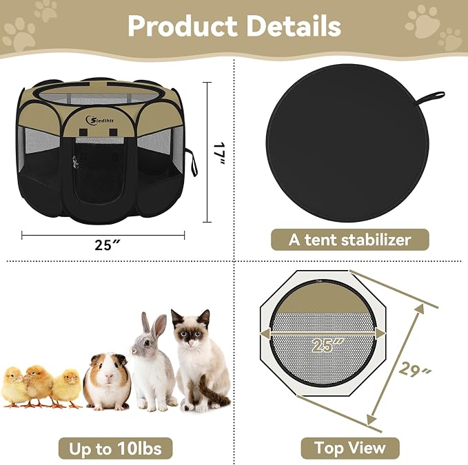 Siedihit Puppy Playpen for Small Dog Cat, Dogs Tent Crate Cage | Indoor/Outdoor, Portable Pop Up Dog Kennel with Carrying Bag for Rabbits(Black Khaki, Small)