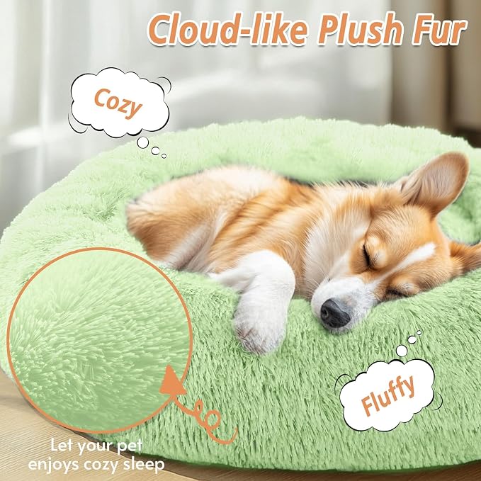 JOLLYVOGUE Calming Dog Beds Large Sized Dog, 36in Donut Washable Large Pet Bed, Anti-Slip & Anti-Anxiety Fluffy Faux Fur Round Dogs Bed, Fits up to 80 lbs Pets (Light Green)
