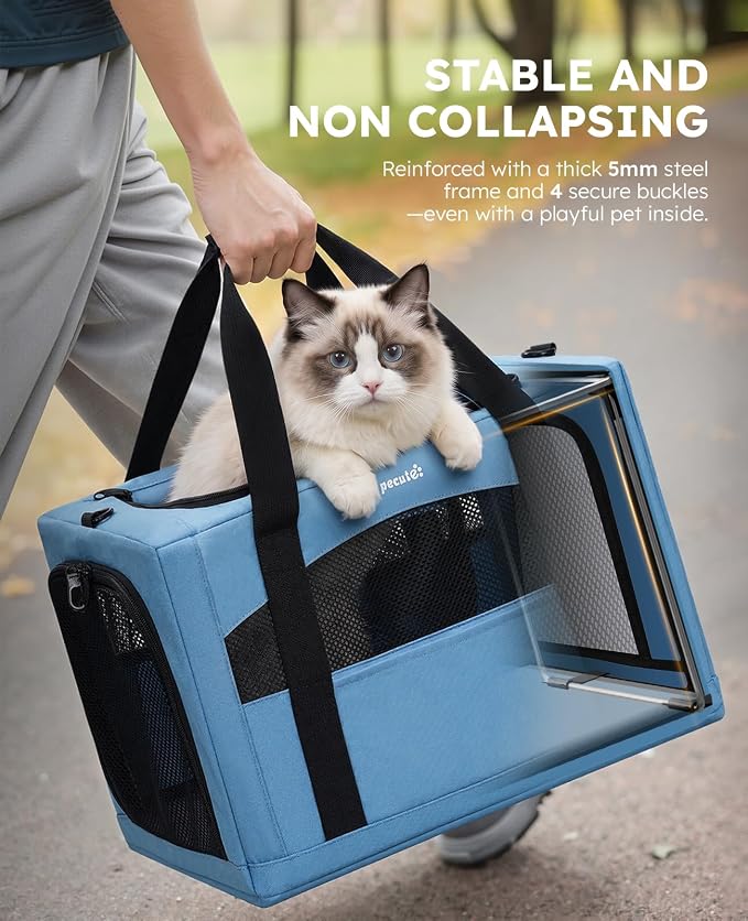 Pecute Cat Carrier Stable, Pet Carrier with Privacy Partition,Light Blue | Safe For Car Travel, Stable Steel Frame, Soft-Sided Pet Carrier Bag For Dogs And Cats Up To 15lbs, Foldable Design,XL.