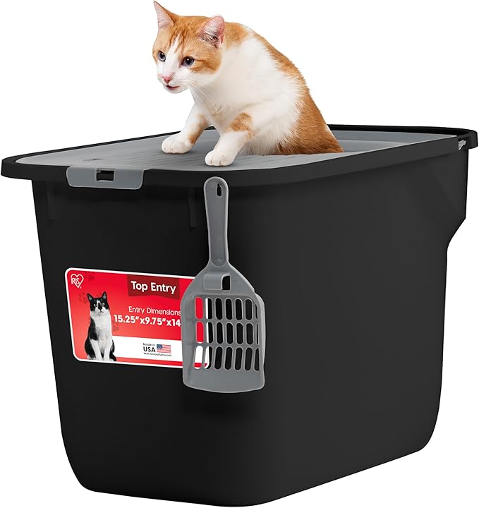 IRIS USA Cat Litter Box Large Top Entry with Lid, Enclosed Litter Box with Litter Catching Lid & Scoop, Covered Cat Litter Box Enclosure for Privacy, High Sided, Black/Gray