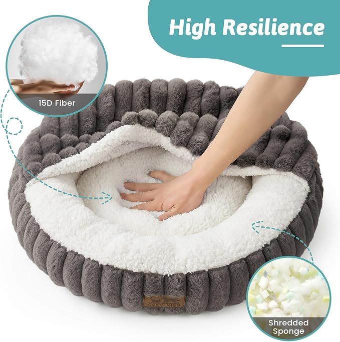 Dog Bed with Hooded Blanket, Round Fluffy Anti-Anxiety Pet Bed for Small Dogs & Medium Dogs, Cozy Donut Cuddler with Machine Washable Faux Fur & Anti-Slip Bottom(26"×26"×7",Grey)