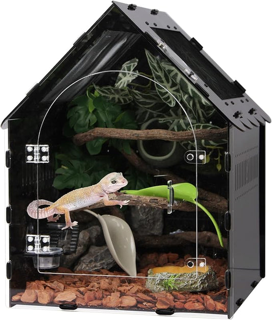 Reptile Terrarium 12.4x12.4x16.2 - Magnetic Front Opening Acrylic Reptile Enclosure, Escape-Proof Black Acrylic Cage for Crested Gecko, Tarantula, Scorpion & Arboreal Pets with Feeding Lid & Wave Roof