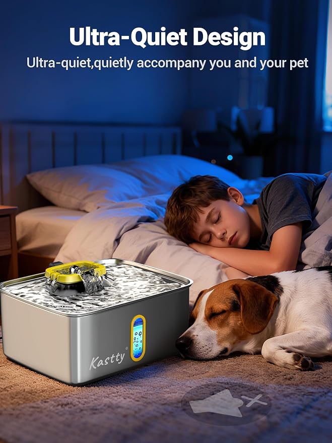 Kastty 15L/3.96 Gal Stainless Steel Large Capacity Dog Water Fountain | Ultra Quiet Dog Water Bowl Dispenser LED Light Multi Filtration Cat Water Fountain,Pet Water Fountain Easy Clean(FS78,Yellow)