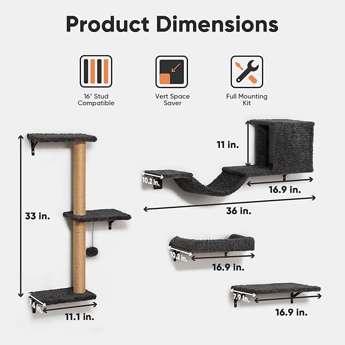 FUKUMARU Cat Wall Shelves, 4 in 1 Set, Grey | Stable & Safe Cat Walls Furniture, Wooden Kitten Climbing Wall with Scratching Post for 16 Inch Drywall