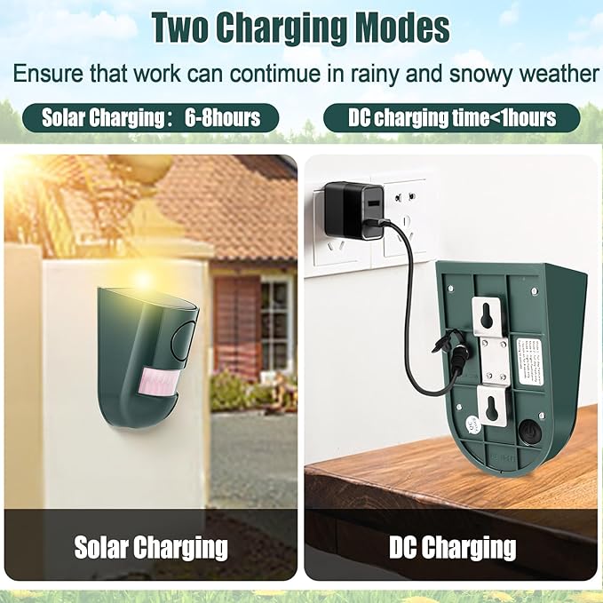 Qualirey 2 Pack Solar Sound and Light Alarm Motion Sensor 129db Outdoor Security Siren Waterproof Motion Activated Detector Alarm 6 LEDs Flash Warning Strobe System for Home, Farm (Green)
