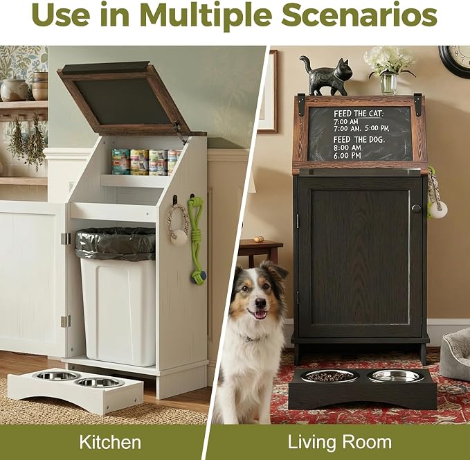 White 38.4" H Dog Feeding Station with Storage | Pet Food Storage Cabinet with 2 Elevated Bowls,Hooks,Hidden Dog Feeding Organizer for Cats and Dogs