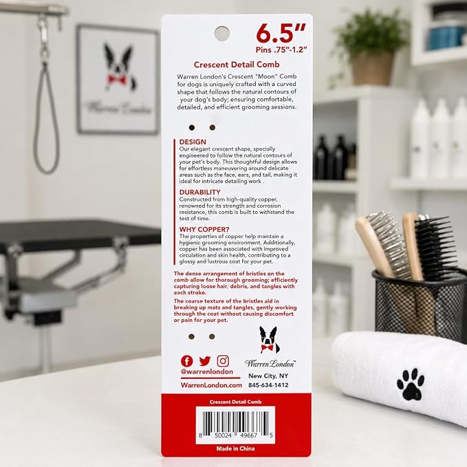 Warren London Copper Crescent Comb 6.5 Inch – Professional Dog Grooming Detail Comb with Curved Teeth – For Face, Legs, Tail, Ears, Paws, Mats, Tangles & Finishing – For Groomers & Pet Owners