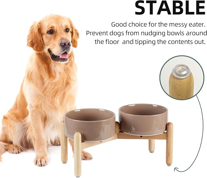 Havniva Elevated Dog Bowls Ceramic Dog Bowls with Stand, Dog Food Bowl | 7.3” Raised Dog Bowls with Non-Slip Wood Stand, Dog Food and Water Bowl Set, Double Dog Feeding Bowls for Medium Dogs
