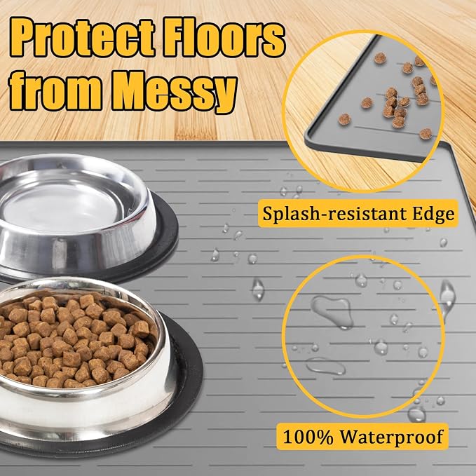 Large Dog Mat for Food and Water, 31.8"x23.8" Silicone Pet Feeding Mats, Waterproof Dog Bowl Mat with High Edges to Prevent Water and Food Spills, Brown