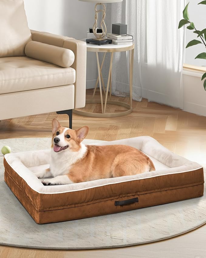 Upvilla Orthopedic Dog Bed, Four-Sided Medium Dog Sofa,Washable Cover Brown | Removable Waterproof Dog Bed Cover, Egg-Crate Orthopedic Foam, Built-In Carry Handle, Indoor Small Pet Beds, Cat Beds