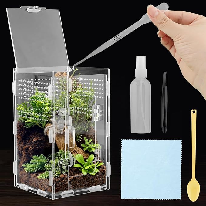 Jumping Spider Terrarium, Complete Acrylic Habitat Kit with Dual Doors, Feeding Tools for Spiders, Tarantulas, Mantis, Small Reptiles, 4.7x4.7x7.9 Inch