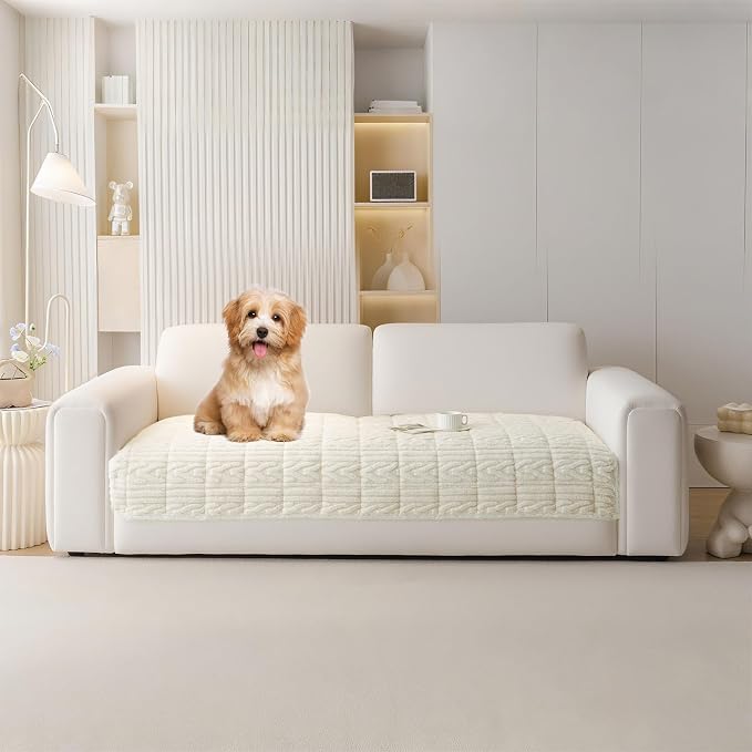 HANDONTIME Jacquard Couch Cushion Cover for Dogs, Beige, 35.4" x 63" | Washable, Fuzzy, Geometric Jacquard, Non-Slip, Pet-Friendly