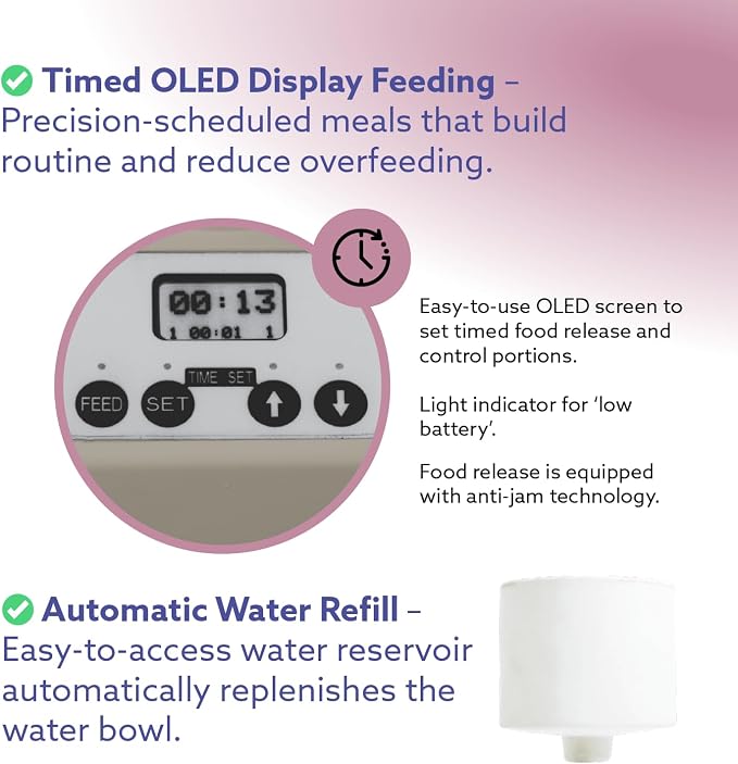 Feeding Friend® Automatic Dog & Cat Food Feeder with Water Dispenser –Smart Pet Feeder with Portion Control, OLED Display, Anti Jam Design, Battery Operated Dispenser for Small - (XS) Pets 4-15 Taupe