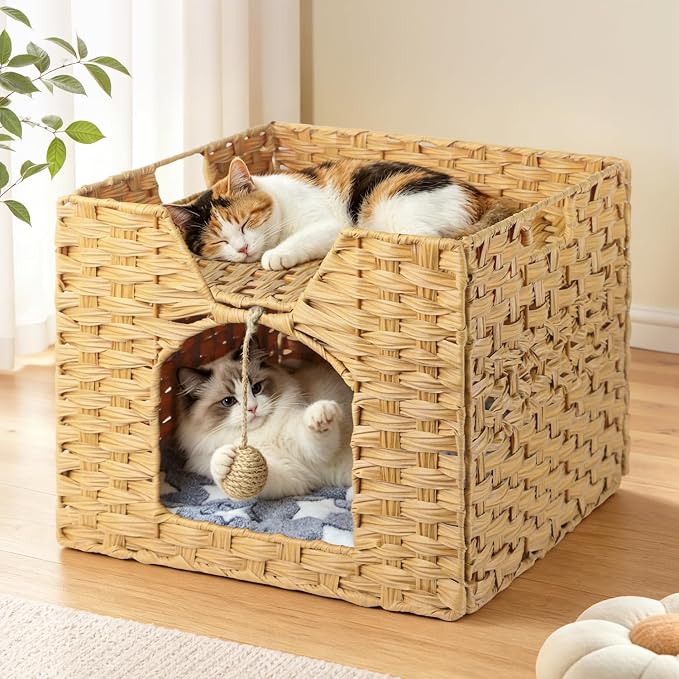 Handwoven Rattan Cat Bed Indoor Kitten, Cat Bed Cave with Cushion, Sisal Ball & S-Shaped Hooks, Foldable Hideaway Cat House for Bedroom Living Room, Natural