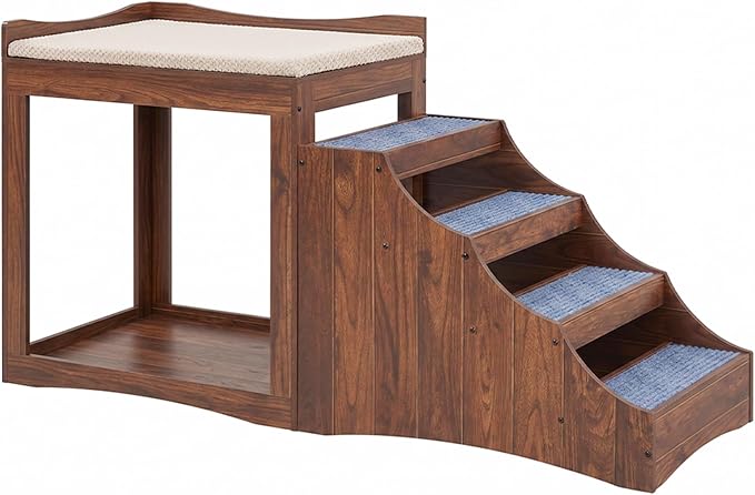unipaws Large Pet Bunk Bed with Removable Step for Dogs and Cats | Multi-Level Bed Window Perch Seat Platform with Cushion, Indoor Use, Walnut