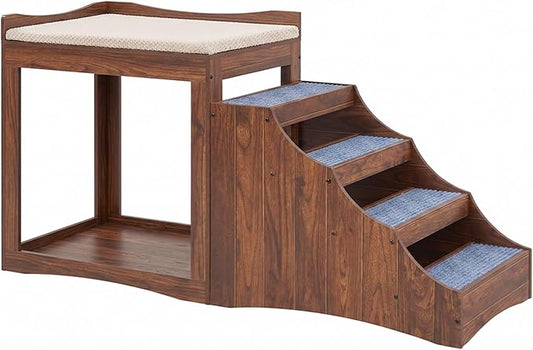 unipaws Large Pet Bunk Bed with Removable Step for Dogs and Cats | Multi-Level Bed Window Perch Seat Platform with Cushion, Indoor Use, Walnut