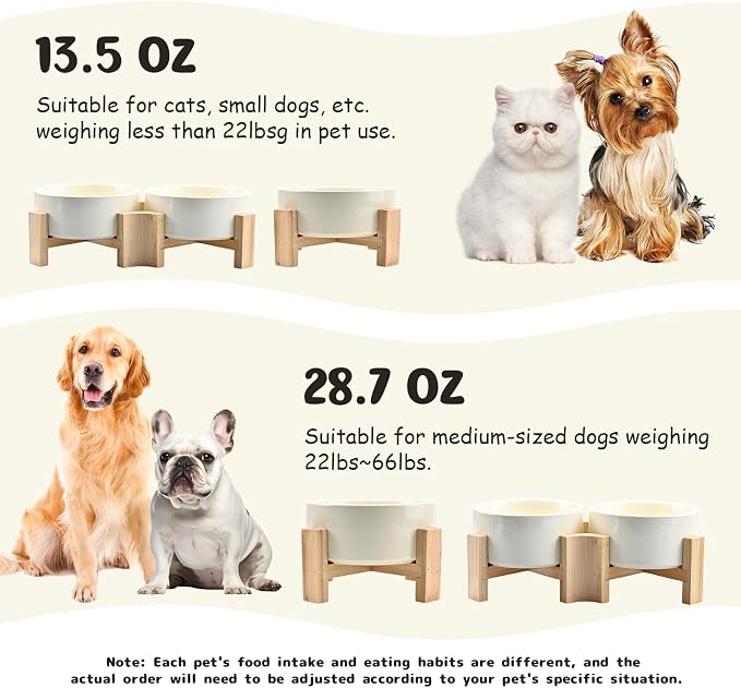 SPUNKYJUNKY 15° Slanted Ceramic Dog and Cat Bowl with Wooden Stand, Tilted Bulldog Food and Water Bowl No Slip Non-Spill for Cats Medium Dogs Big Face Pets 28.7 OZ (3.6 Cups, Beige × 2)