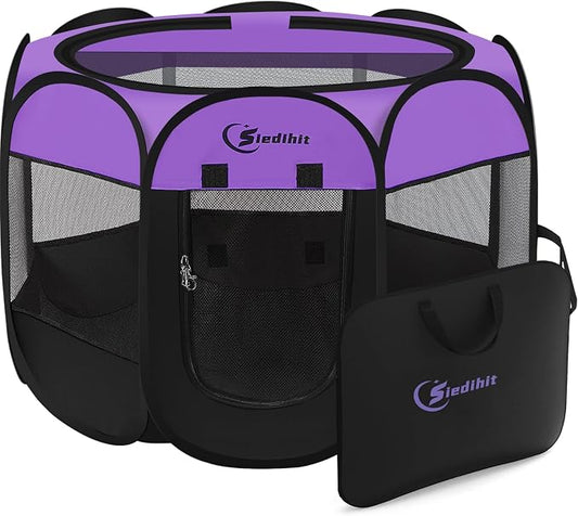 Siedihit Large Dog Playpen, Puppy Pet Playpen Indoor, Dogs Tent Crates Cage | Indoor/Outdoor, Portable Pop Up Dog Kennel Playpen with Carrying Case for Dogs/Cats/Rabbits, Purple